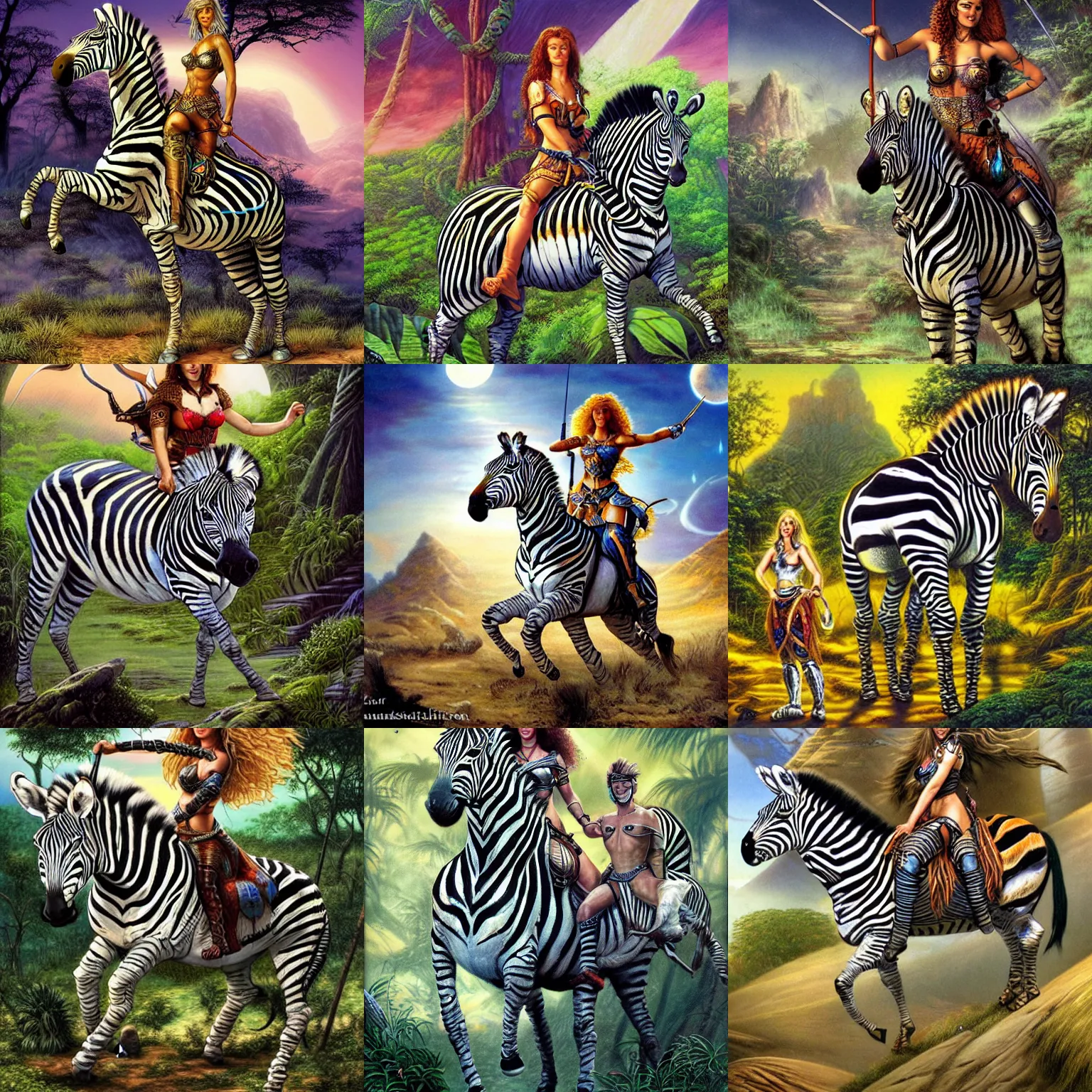 Prompt: a warrior princess riding a zebra, light jungle in the background, painting by arthur adams and ed binkley and jim burns, highly detailed, 4 k