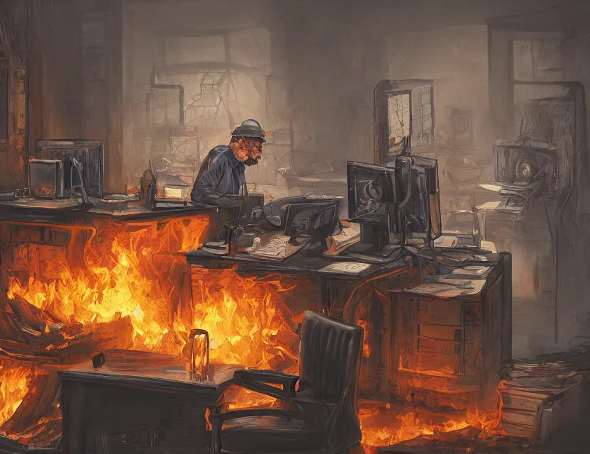 Prompt: a man works at a workstation in a very big office with burning fires, close up, featured in artstation, intricate, ultra detailed, digital painting, concept art, wide - angle lens, sharp focus, illustration, 8 k