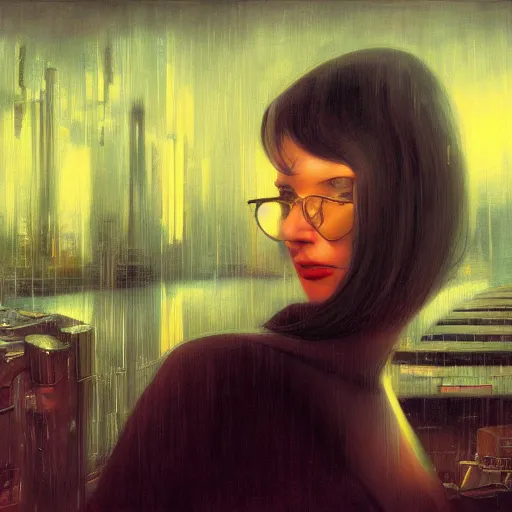 Prompt: detailed face of a woman, clockwork, moment, tectonic sky, skydome, bullet train, turbines, utopian, tech noir, wet reflections, prism, atmospheric, ambient, pj crook, syd mead, livia prima, nick alm, casey baugh