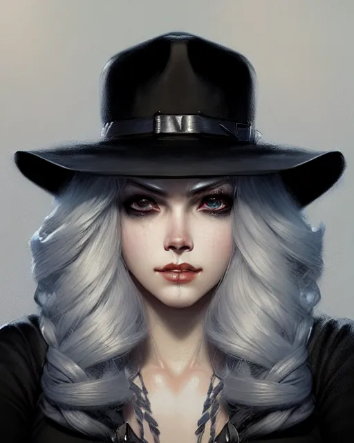 Image similar to ashe from overwatch, white hair, black hat, character portrait, portrait, close up, concept art, intricate details, highly detailed by greg rutkowski, michael whelan and gustave dore