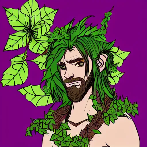 Image similar to male firbolg druid with vines and hibiscus flowers as hair simple drawing, comic style