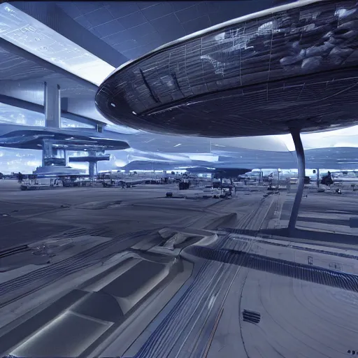 Image similar to A scifi futuristic airport, rockets are tech, blue and grey, octane render, digital art