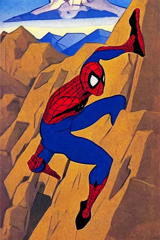 Image similar to spiderman stay on mountain, marvel, artwork by nicholas roerich,