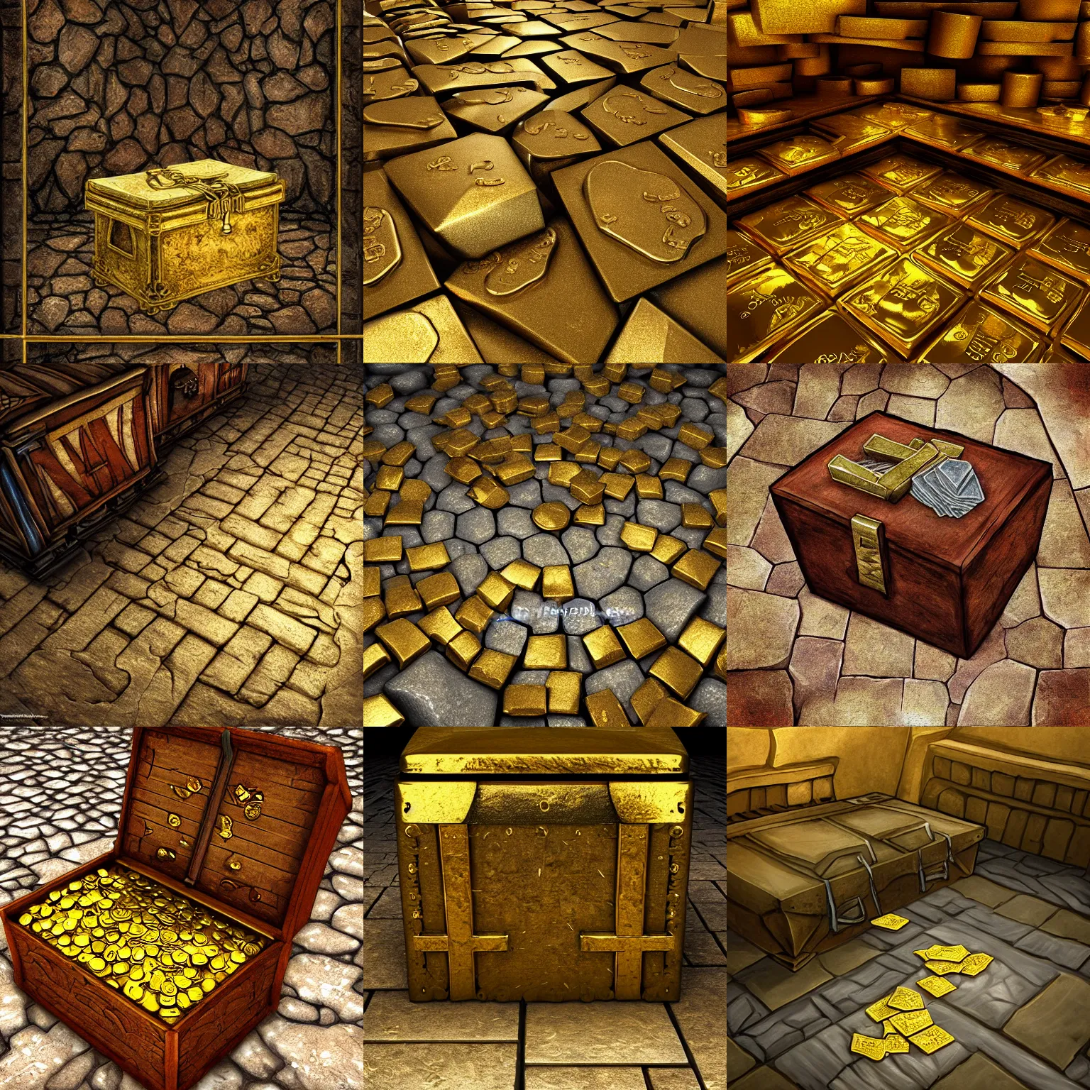 Prompt: stone floor, opened chest full of gold, bloody, dnd fantasy digital art, high detail, realistic