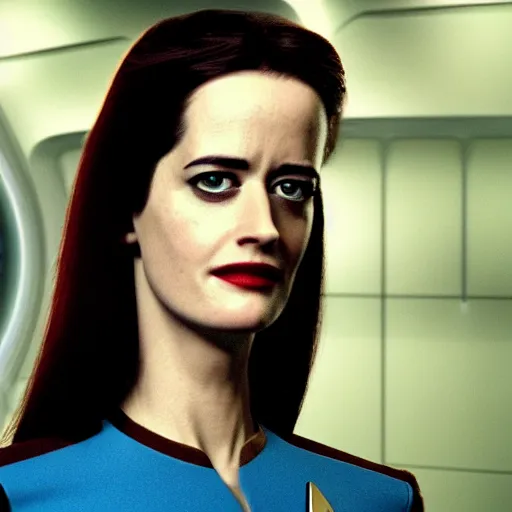 Image similar to a full body photograph of 3 0 year old eva green as a star fleet officer from star trek next generation, ultra rendered, extreme realism and detail, 8 k, highly detailed, realistic, completely framed, hyper realistic, colorful, direct lighting, 3 5 mm photo, photorealistic, sharp focus