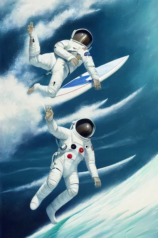 Image similar to a beautiful digital painting of an astronaut in a white space suit surfing the great wave on a surfboard by greg rutkowski, photorealistic, trending on artstation, highly detailed, intricate, unreal engine, octane render