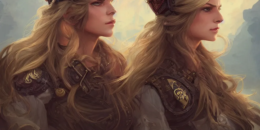 Image similar to 3 / 4 headshots of twins female airship pirate, d & d, handsome, fantasy, intricate, long hair, airship, steampunk, blond hair, elegant, highly detailed, digital painting, artstation, concept art, smooth, sharp focus, illustration, art by artgerm and greg rutkowski and alphonse mucha