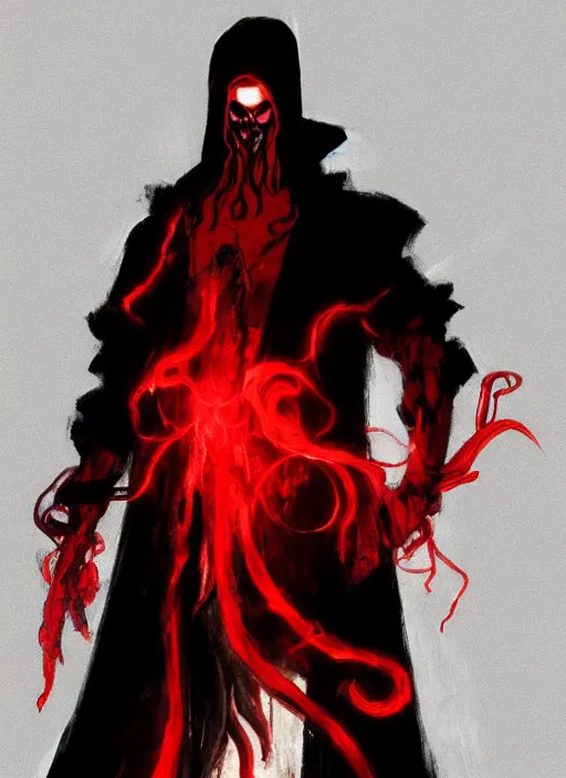 Image similar to half body portrait of an evil deity, a squid man in black mask and black rugged long trench coat made of smoke, red aura. in style of yoji shinkawa and hyung - tae kim, trending on artstation, dark fantasy, great composition, concept art, highly detailed, dynamic pose.