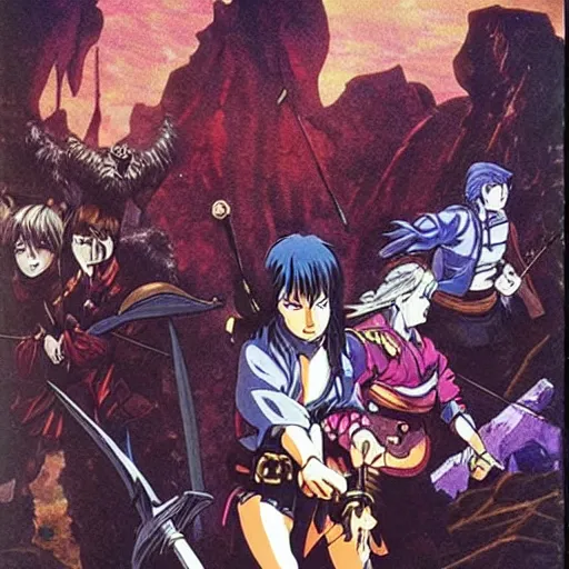 Prompt: An adventuring party navigating a dark dungeon, fantasy, D&D, detailed, 1990's Japanese OVA still, Yuuki Nobuteru