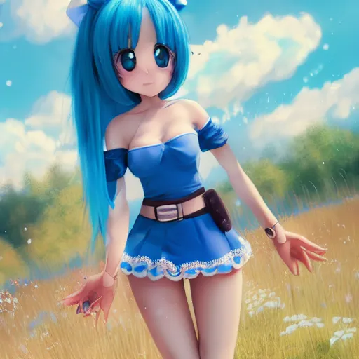 Prompt: smurfette, beautiful anime cute girl by WLOP, full body, fancy top, miniskirt, front view, summer lake setting, cinematic lightning, medium shot, mid-shot, highly detailed, trending on Artstation, Unreal Engine 4k, cinematic wallpaper