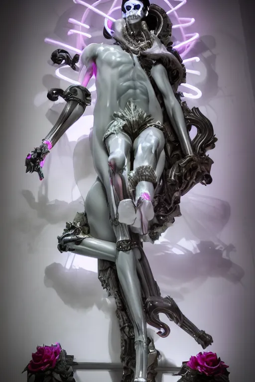 Prompt: full-body baroque and cyberpunk style neon and ceramic statue of a young attractive (slender muscular Spanish macho bem dotado) e rico android ((sim roupa)) reclining (con pernas aberta e piroca dura) leite, glowing (((white laser))) eyes, prince crown of iridescent skulls, ruby, swirling gold-colored silk fabric. futuristic elements. full-length view. space robots. human skulls. intricate artwork by caravaggio. Trending on artstation, octane render, cinematic lighting from the right, hyper realism, octane render, 8k, depth of field, 3D