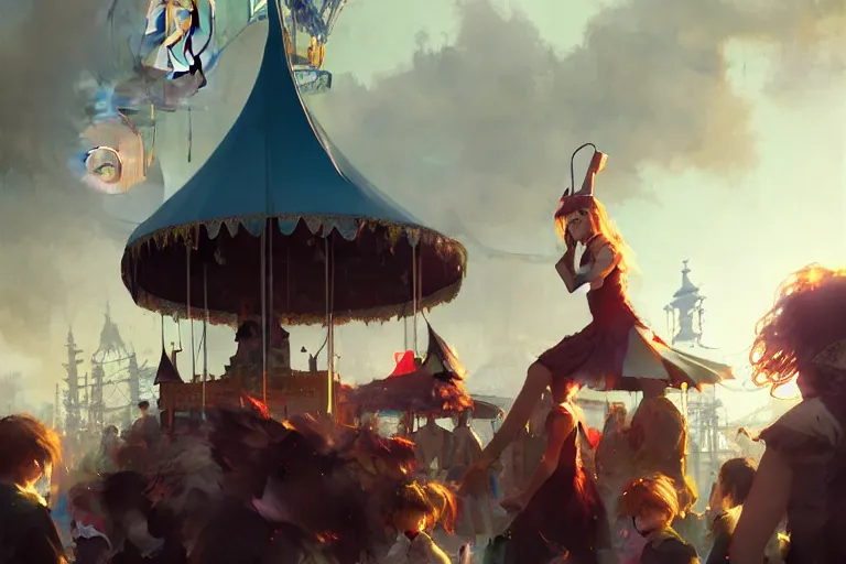 Image similar to close - up of young witches exploring small town carnival amusement, food stalls, big top circus tent, highly detailed, magical, japan, digital painting, concept art, matte, art by ruan jia and wlop and greg rutkowski and makoto shinkai, masterpiece