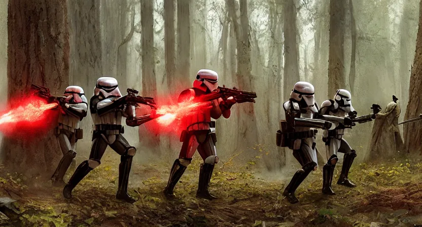 Image similar to imperial stormtroopers shooting red blaster bolts in barren lifeless forest with burned trees concept art by Doug Chiang cinematic, realistic painting, high definition,very detailed, extremely high detail, photo realistic, concept art, red color palette, the Mandalorian concept art style