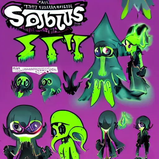 Prompt: character design sheets for a new sinister vampire squid character, artwork in the style of splatoon from nintendo, art by tim schafer from double fine studios, black light, neon, spray paint, punk outfit, tall thin toothpick like frame, adult character, fully clothed, color explosion, spray paint, colorful, gothic rainbow, sparkles and glitter, pop art