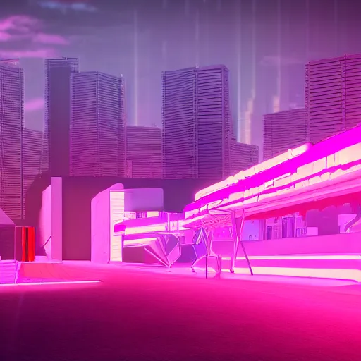 Image similar to synthwave art of peykan, tehran, octane render, pink neon lights