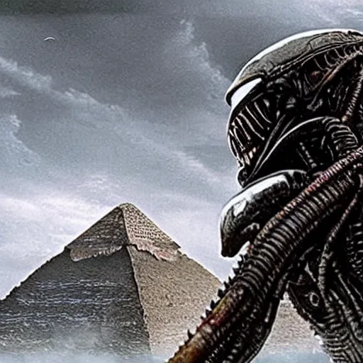 Prompt: a still from aliens v predator of the predator overlooking the pyramids, highly detailed