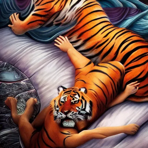 Image similar to Tiger pouncing on a woman lying on a bed of fish, surrealism, abstract, hyper realistic, intricate details, soft lighting