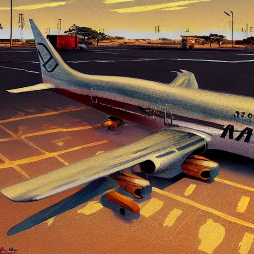 Prompt: a plane parked on the runway of a African airport, beautiful digital art, cinematic composition, detailed, concept art, Matt painting, oil painting, high res, norman rockwell artwork style,
