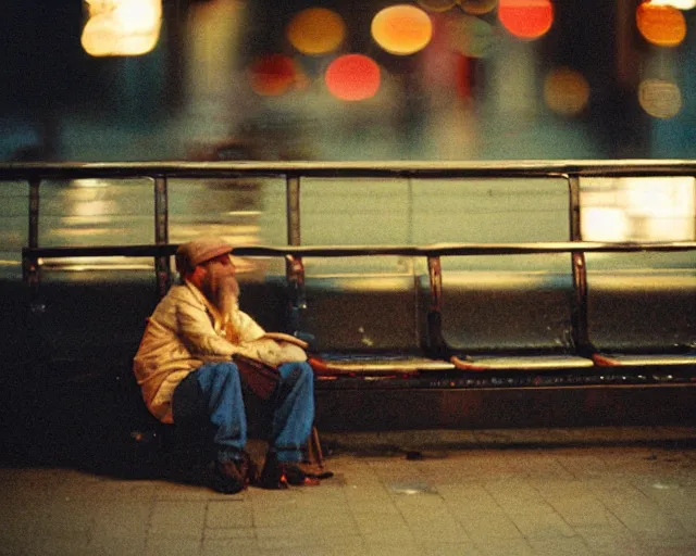 Image similar to a lomographic photo of russian lone man sitting in bus station at early evening in small town, cinestill, bokeh, out of focus