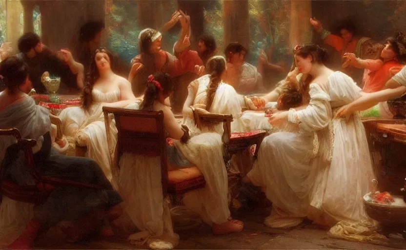 Prompt: roman lan party by pierre auguste cot and delphin enjolras and daniel f. gerhartz