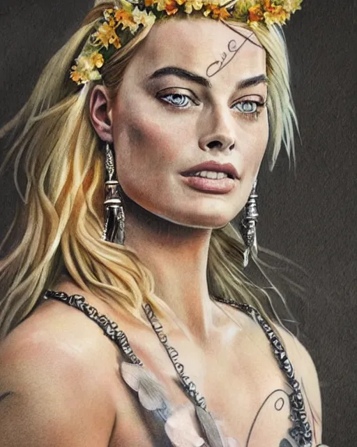 Image similar to realism tattoo sketch of margot robbie as a beautiful greek goddess aphrodite with piercing eyes wearing a laurel wreath and triangle earrings, in the style of greg rutkowski, amazing detail