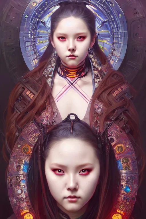 Prompt: full body painting of olivia hye loona cyberpunk samurai smiling, ultra realistic, concept art, intricate details, eerie, highly detailed, photorealistic, octane render, 8 k, unreal engine. art by artgerm and greg rutkowski and magali villeneuve and alphonse mucha