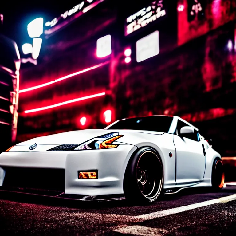 Prompt: close-up-photo Nissan Z32 turbo illegal roadside night meet, deep dish work-wheels, Shibuya Shibuya, cinematic color, photorealistic, highly detailed night photography