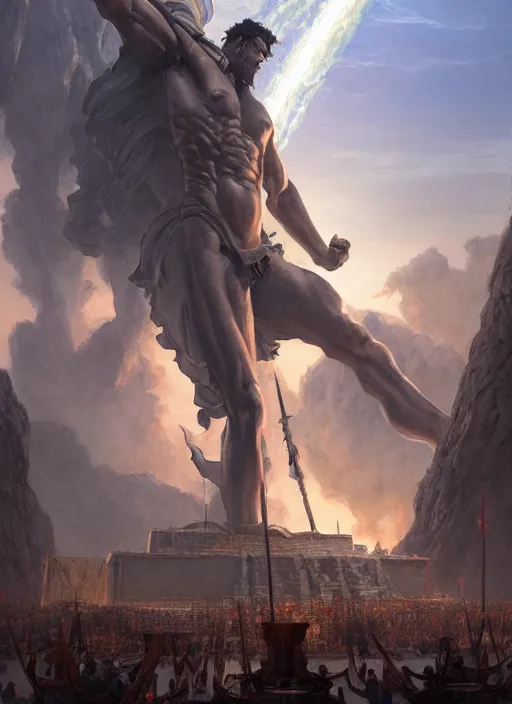 Image similar to the colossus of rhodes, epic fantasy horror digital matte painting by steve henderson and mark brooks ( and greg rutkowski ), extremely detailed, artstation