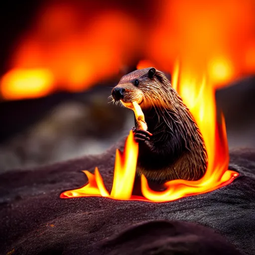 Image similar to wildlife photography of a beaver chewing down a bamboo shoot, surrounded by flames and lava, f / 1. 8, soft focus, 8 k, national geographic, award - winning photograph by nick nichols