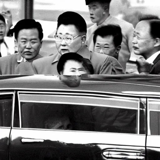 Prompt: 1960s press archive of middle-aged Kim Jong-il coming out of a car, face obscured, Reuters, 35mm film, film grain, mysterious exterior, underexposed