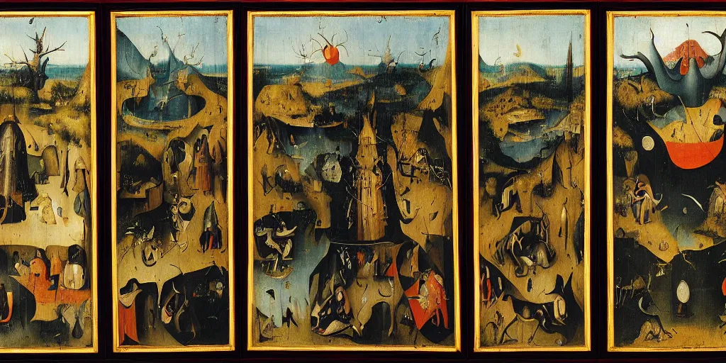 Prompt: The Philippines, oil on oakwood, triptych, by Hieronymous Bosch