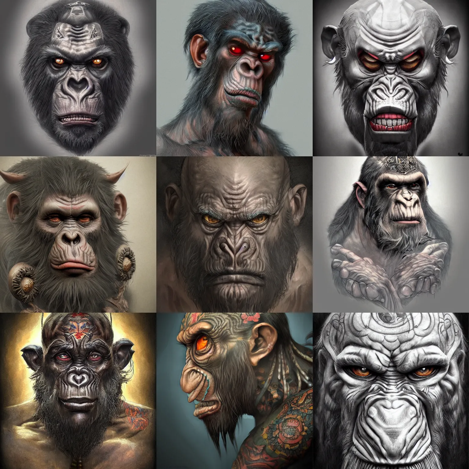 Image similar to a wlop 3 d render of very very very very highly detailed beautiful mystic portrait of a phantom ape demon with tattoos by anton pieck, intricate, extremely detailed, digital painting, artstation, concept art, smooth, sharp focus, illustration, intimidating lighting, incredible art,