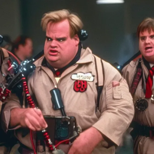 Prompt: Chris Farley as a Ghostbuster in the movie Ghostbusters 8k hdr