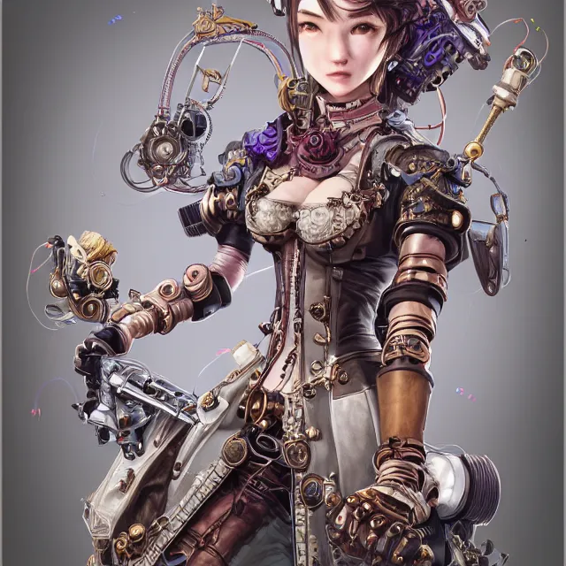 Image similar to the portrait of true neutral semi - colorful female steampunk cyborg mechanist as absurdly beautiful, gorgeous, elegant, young gravure idol, an ultrafine hyperdetailed illustration by kim jung gi, irakli nadar, intricate linework, bright colors, octopath traveler, final fantasy, unreal engine 5 highly rendered, global illumination, radiant light, detailed and intricate environment