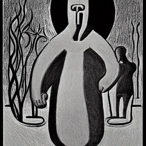 Prompt: ordered by alexander archipenko, by claude monet adventure time. a illustration of a large, black - clad figure of the king looming over a small, defenseless figure huddled at his feet. the king's face is hidden in shadow. menacing stance, large, sharp claws, dangerous & powerful creature.