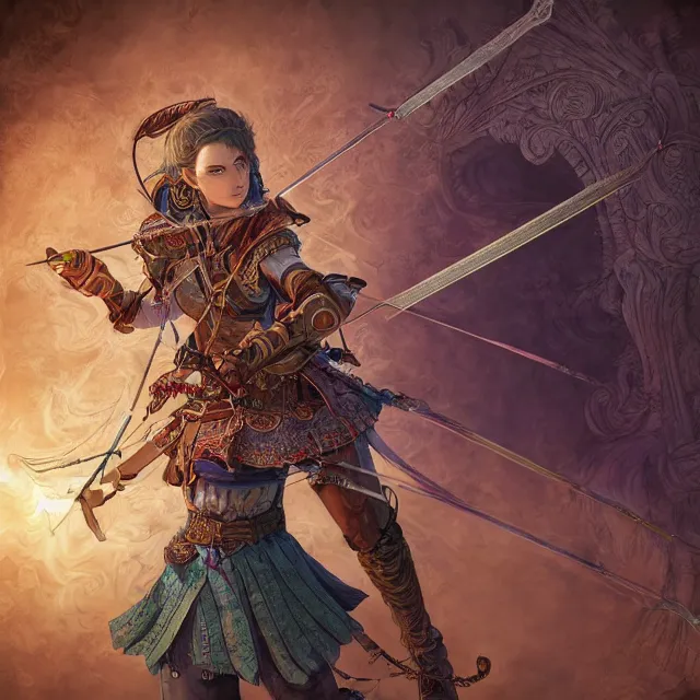 Image similar to the portrait of lawful neutral semi - colorful female archer huntress as absurdly beautiful, gorgeous, elegant, young woman, an ultrafine hyperdetailed illustration by kim jung gi, irakli nadar, intricate linework, bright colors, octopath traveler, final fantasy, unreal engine 5 highly rendered, global illumination, radiant light, detailed and intricate environment