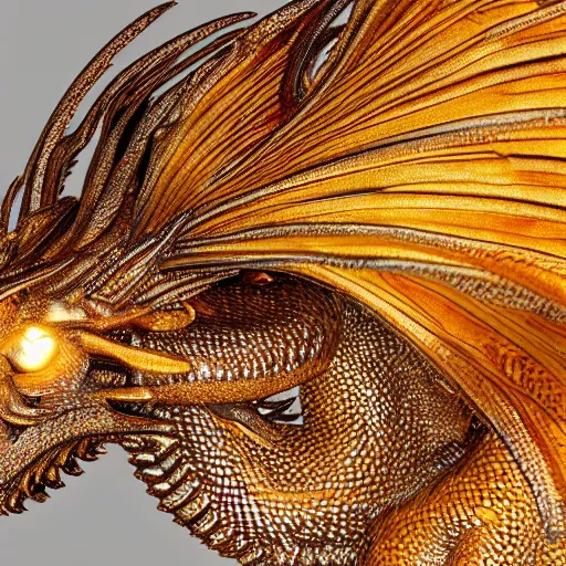 Prompt: a dragon made of honey, sitting on a sorcerer’s desk. the dragon is transparent. you can see light shining through the wings. honey is dripping everywhere. rim light, studio lighting, 8k