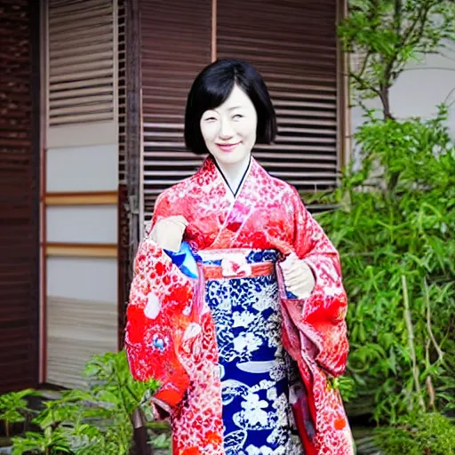 Image similar to photo of Japanese woman wearing kimono with batik pattern, she is cute and shy