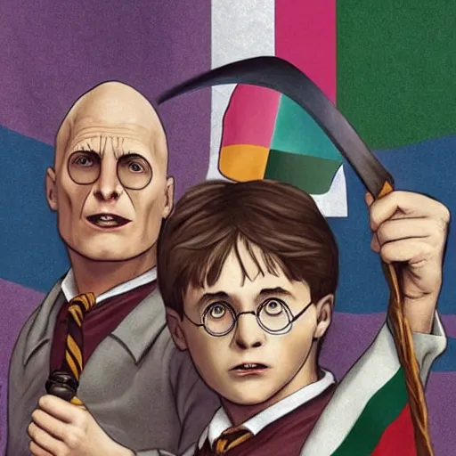 Prompt: harry potter with voldemort, pride flag in background, full picture, art by normal rockwell