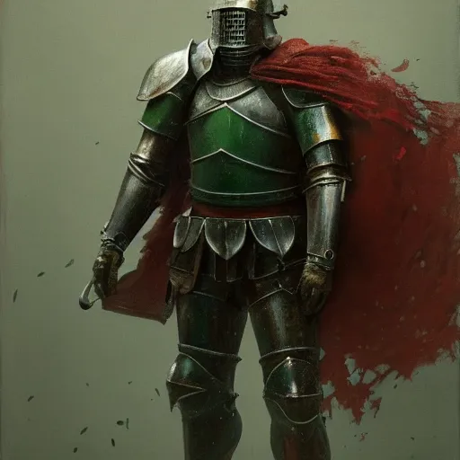 Image similar to Highly realistic and detailed painting of a knight in rusted armor, dark green energy radiates from the knight, oil painting, the knight is in full height, by Greg Rutkowski, 4k, moody lighting, dark fantasy