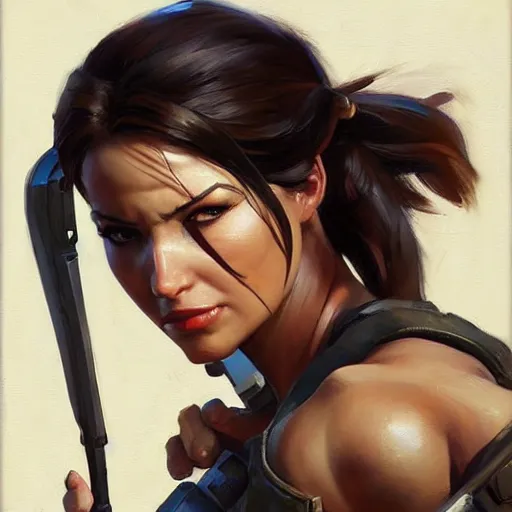 Image similar to greg manchess portrait painting of partially armored lara croft as overwatch character, close - up shot, asymmetrical, profile picture, organic painting, sunny day, matte painting, bold shapes, hard edges, street art, trending on artstation, by huang guangjian and gil elvgren and sachin teng