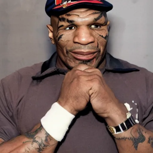 Image similar to mike tyson, wearing a silly hat, tinder profile