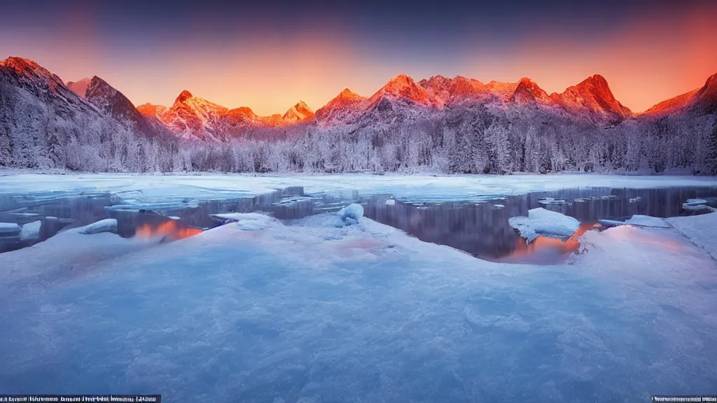 Image similar to amazing landscape photo of a snowy mountains with an ice lake in sunset by marc adamus, beautiful dramatic lighting