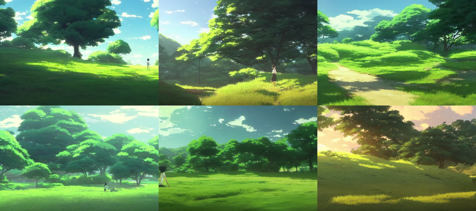 Image similar to a rolling green landscape by makoto shinkai