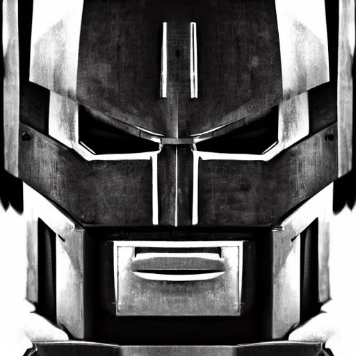 Prompt: symmetrical, close up face portrait of Optimus Prime, scowling, studio lighting, depth of field, photography, black and white, highly detailed