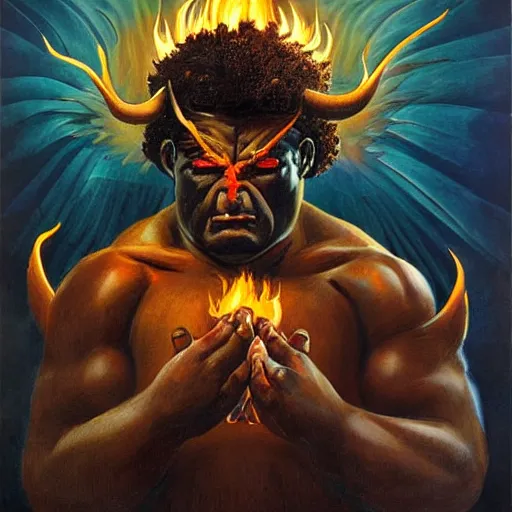 Image similar to Artwork by Brom, A large black bison with fiery eyes, Bison God, Ancient, a scene from the TV show, American Gods