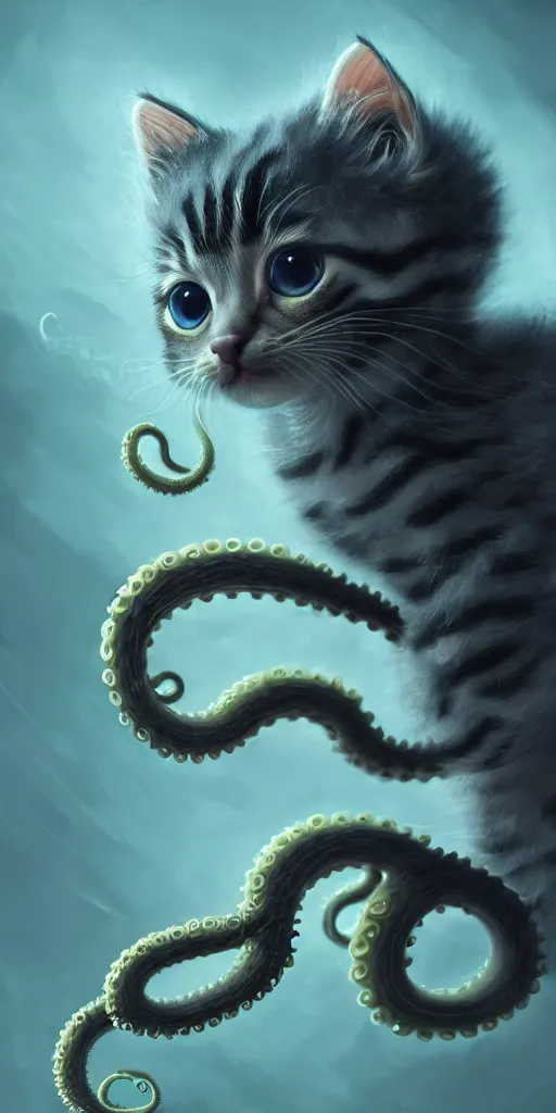 Prompt: an adorable kitten slowly transforming into a tentacle monster, matte oil painting, concept art, dnd, clear, crisp, sharp, fur, eldritch, award - winning, extremely detailed, 4 k, 8 k