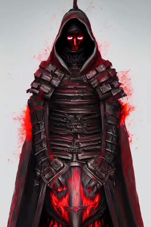 Image similar to a full body portrait of a mysterious samurai long hooded cloak, blood, auras, burning embers, by maciej kuciara and jason chan, ominous, cosmic horror, trending on artstation, ultra detailed, hyper realistic 4 k, volumetric light