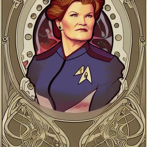 Image similar to star trek Captain Kathryn Janeway art nouveau, amazing details, intricate details ,insane details , in the style of Alphonse Mucha,