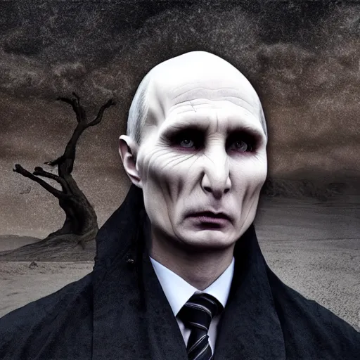 Image similar to voldemort putin as a dementor slowly slithering across a barren desert wasteland and melting into the darkness around him, slug, hd face photo, 8k, surrealism, painting, ultra realistic, moody, foggy, desolate, forlorn, sad, decrepit ruins, twisted gnarled trees, broken castles, hungering void